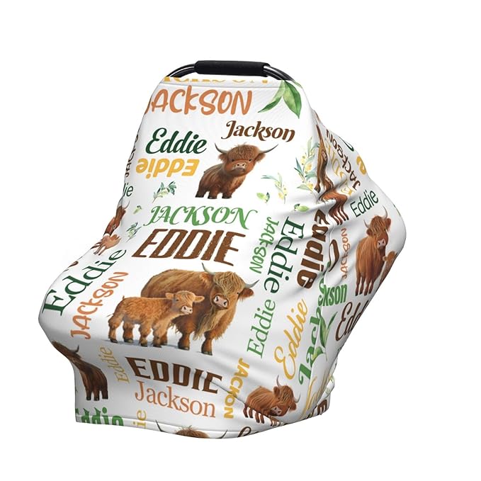 Personalized Baby Car Seat Cover for Boys Girls, Custom High Land Cow Nursing Covers for Breastfeeding with Name, Infant Stroller Cover, Baby Carseat Canopy for Newborn, Multiuse Car Seat Canopies