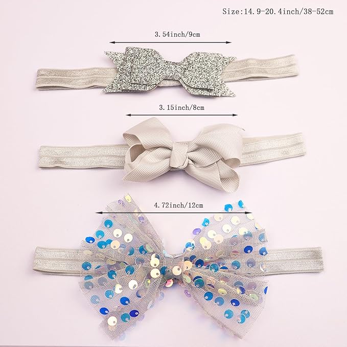 3pcs Baby Girl Bows Headband Chiffon Flower Hairband for Newborn Infant Toddler Soft Elastic Hair Bow Accessories for Baby Birthday Party (Grey, Standard size)