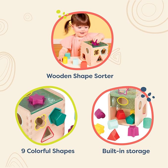 B. toys – Wonder Cube– Developmental Toy– Wooden Shape Sorter Cube – 9 Colorful Shapes – Educational Wooden Toy for Toddlers, Kids – 18+ Months
