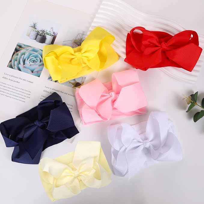 6 Pcs Baby Girls Headband Bows, Soft Nylon Hairbands Cute Big Bow Super Elastic Headband For Baby Girls Newborn Infant Toddlers (6Pcs Warm Color, Large)