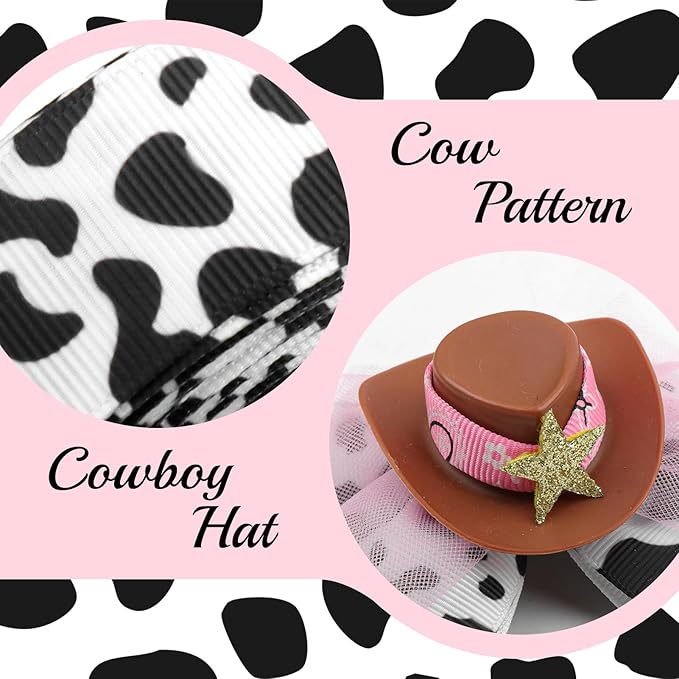 YanJie 3.5’’ Cowgirl Hat Bow Clips for Girls Western Hair Accessories Rodeo Outfit Cow Print Bows for Girl Birthday Gifts Back to School Clip