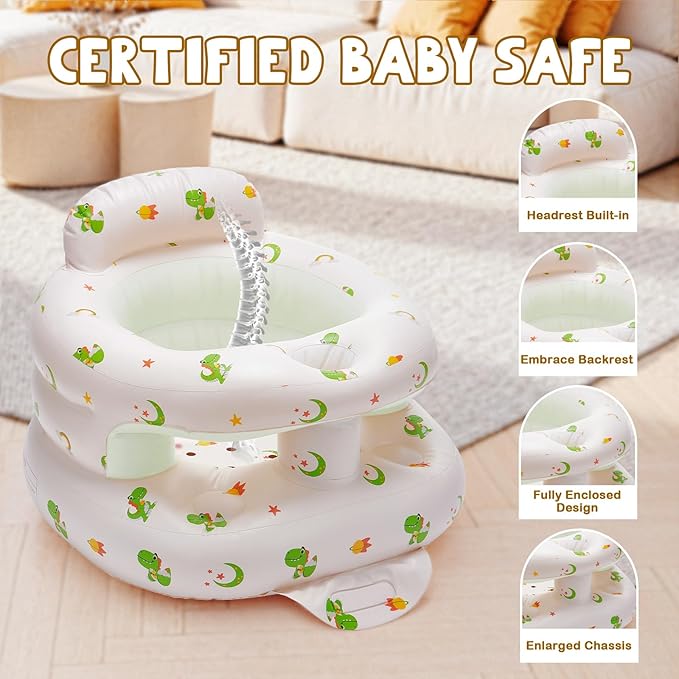 Inflatable Baby Seat for Babies 3-36 Months,Baby Floor Chair with Built in Air Pump,Infant Back Support Seat for Sitting & Learning to Sit (Green Dinosaur)