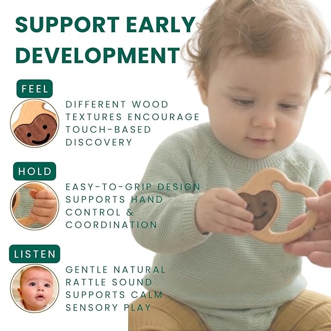 Wooden Baby Rattle & Teething Ring Heart | Natural Montessori Teething Toy Babies 0-3 3-6 6-12 Months | Non-Toxic Organic Hardwood Teether | Safe Sensory Toy Boys Girls | Baby Gift