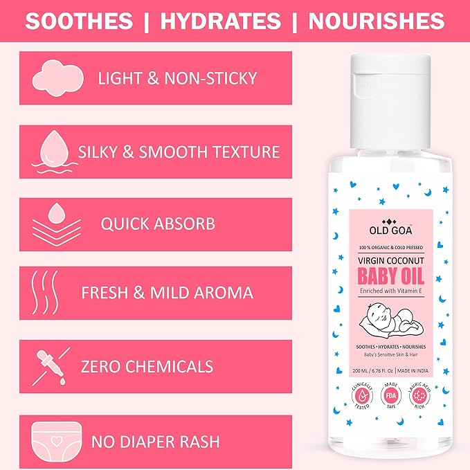Organic Baby Oil | Cold Pressed | Non Sticky | Quick Absorb | Baby's Sensitive Skin & Hair - 200 Ml