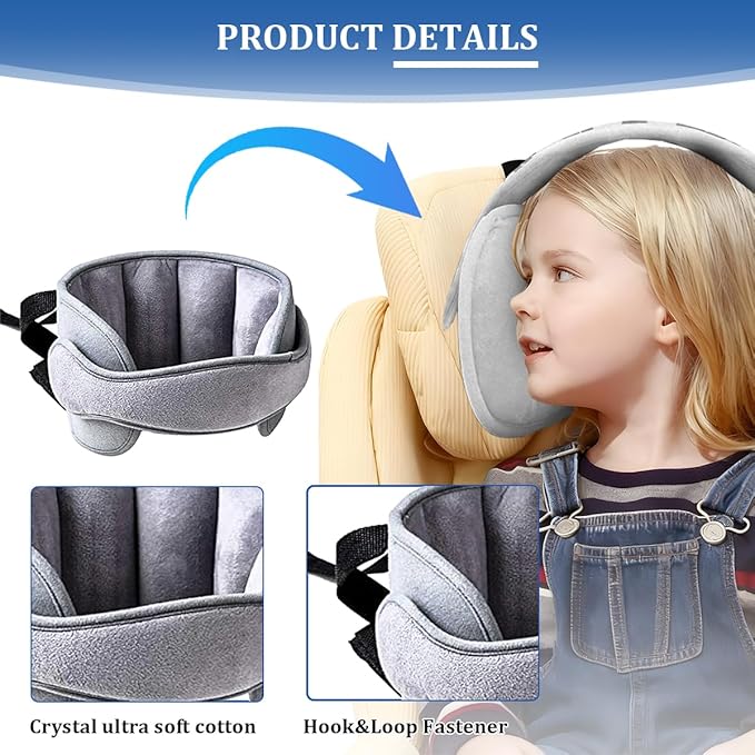 Car Seat Head Support, Soft Comfortable Adjustable Seat Neck Relief Support Band for Sleeping Kids, Automotive Headrest Holder Strap for Toddler Children Infant, Universal Fit (Gray)