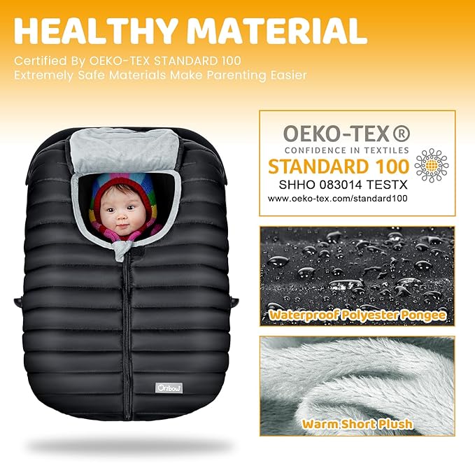 Orzbow Car Seat Cover Baby, Winter Car Seat Cover for Infant Boys & Girls, Warm Carseat Covers Baby with Plush Lining for Cold Weather, Waterproof, Universal Fit, Newborn Essentials, Black