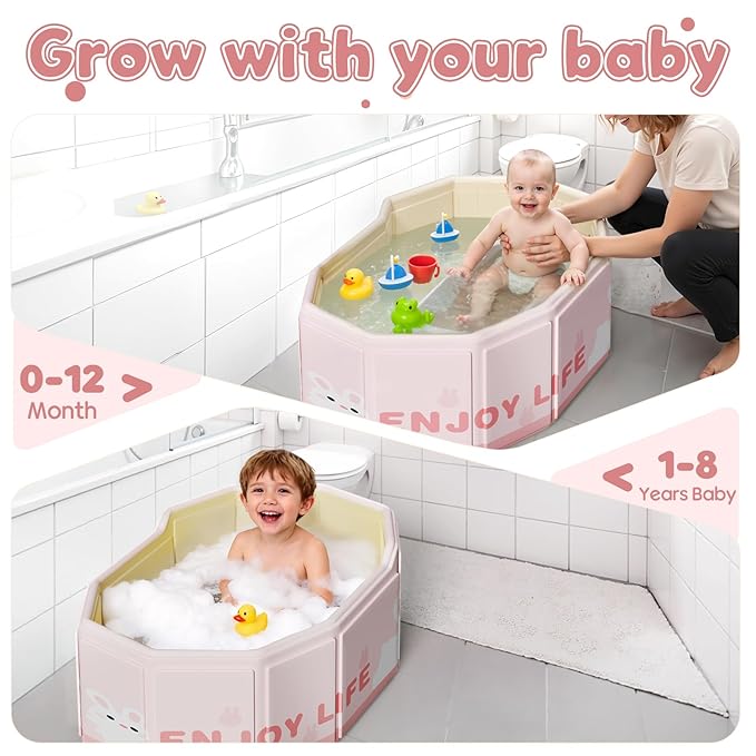 Foldable Baby Bath, Collapsible Baby Bathtub 3M-8Y, Portable Travel Baby Bath Tub with Non-Slip Base, Pop Up Folding Newborn Toddler Shower Tub, Space Saving, Pink