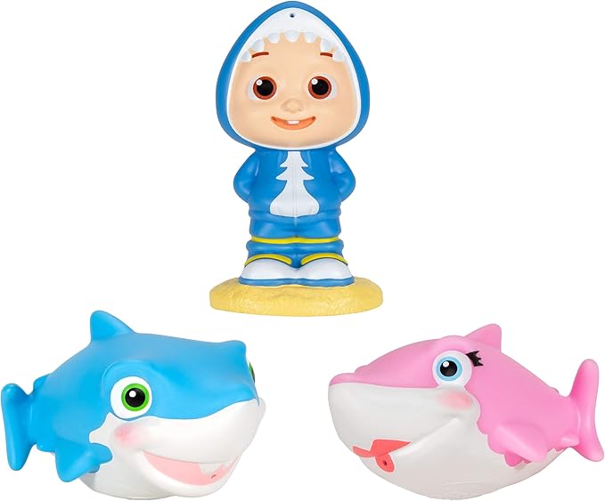 CoComelon Official Bath Squirters, Featuring JJ Character Toy (4” Tall) and 2 Sharks (4” Wide), Bath Time Fun Playset - Character Toys for Babies, Toddlers, and Kids