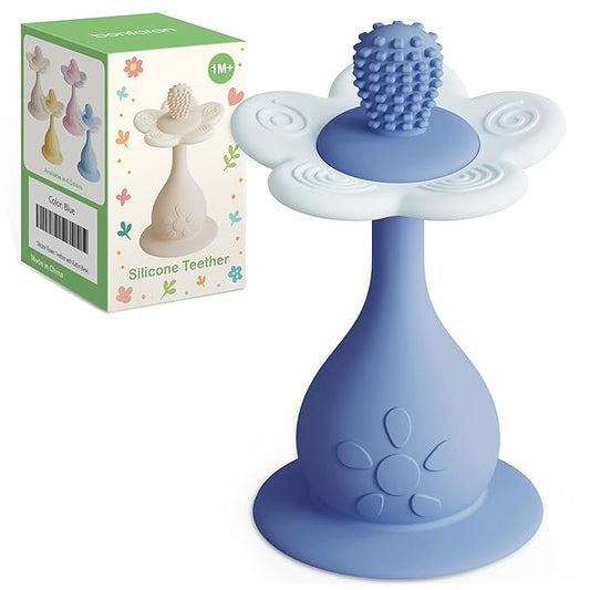 Baby Flower Teether Rattle Toy, Sensory Toy for Baby 0-24 Months, Teething Relief Chewing Toy for Infant, BPA Free Food Grade Silicone Teether (Blue)