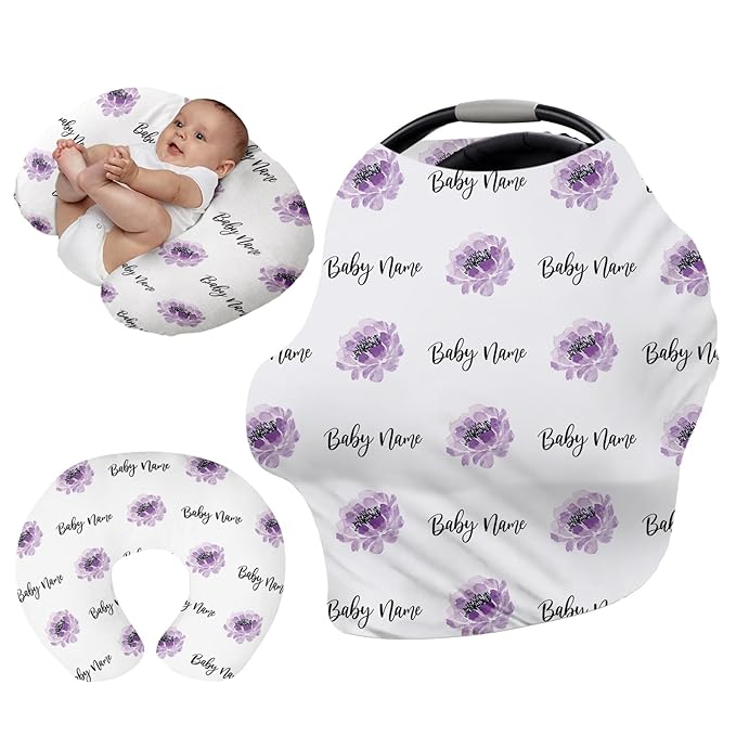 Custom Name Car Seat Canopy - Baby Car Seat Covers, Purple Flower Print Infant Stroller Cover, Carseat Canopy Christmas Birthday Gifts for Girls and Boys(27"x29")