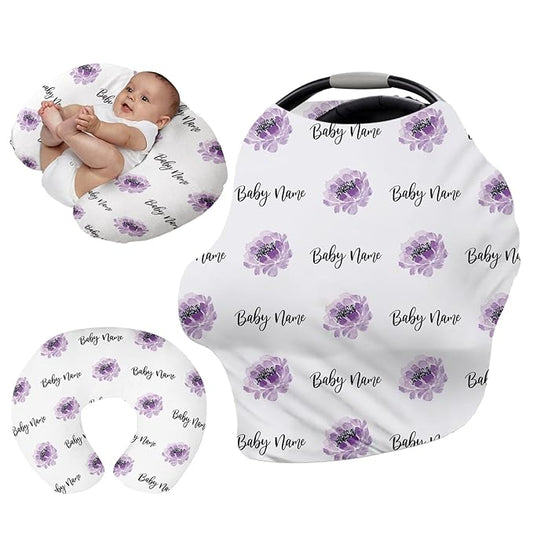 Custom Name Car Seat Canopy - Baby Car Seat Covers, Purple Flower Print Infant Stroller Cover, Carseat Canopy Christmas Birthday Gifts for Girls and Boys(27"x29")