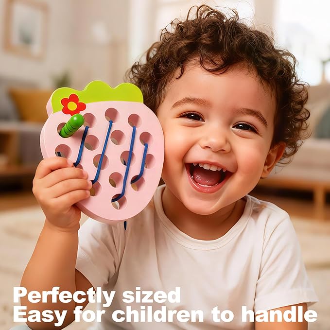 Wooden Lacing Toys for Toddlers, Baby Toys Strawberry Threading Learning Fine Motor Skills,Montessori Sensory Educational Wooden Block Puzzle Travel Gift for 3 Years Old Baby Boys Girls