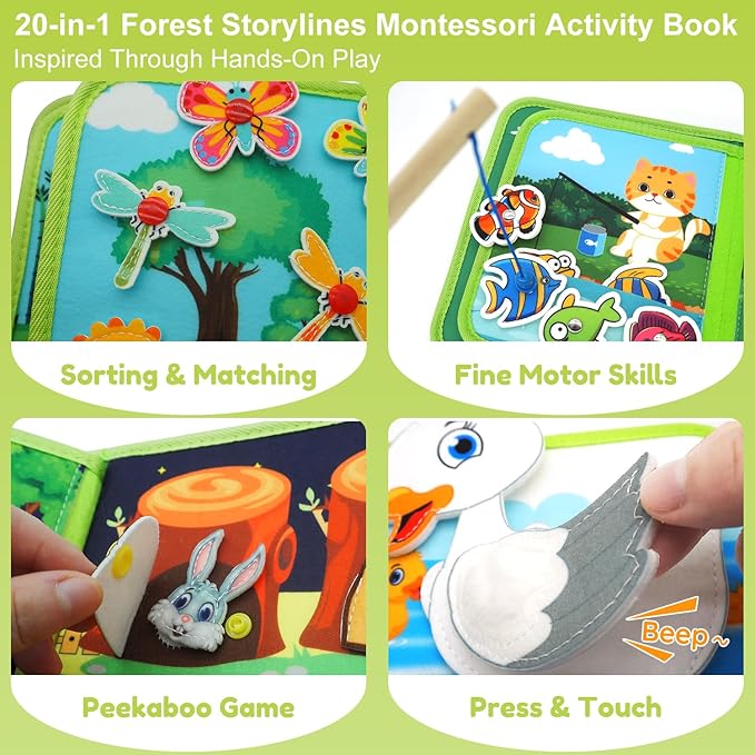 Busy Book for Toddlers 1-3, Montessori Toys Busy Board for 1 Year Old, Forest Story, Sensory, Early Learning, Baby Boys Girls Birthday Gifts, Quiet Activity Books Airplane Car Travel Toy