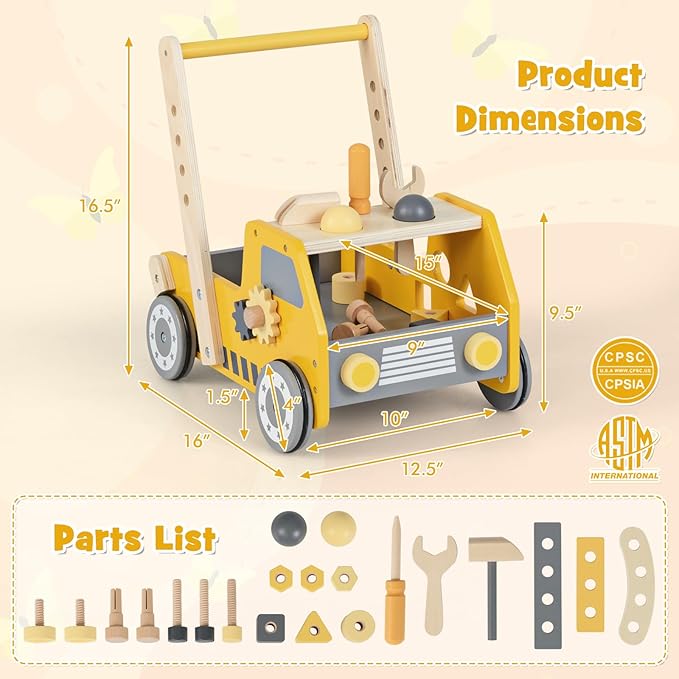 BABY JOY Wooden Baby Walker, Pretend Play Tool Bench, Push and Pull Learning Walker Activity Center, Toddler Montessori Educational Toy for Boys Girls