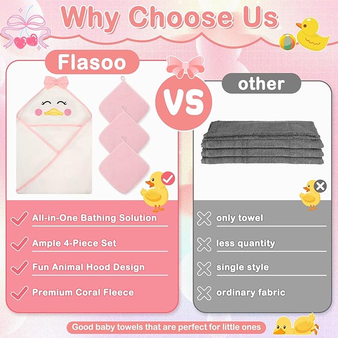 Flasoo 4 PCS Baby Towels Set, Soft Baby Towels and Washcloths Set, 1 Hooded Baby Towel and 3 Baby Washcloths for Newborns, Toddlers, and Kids, 32x32 Baby Towel with Hood for Boy and Girl (Pink Duck)