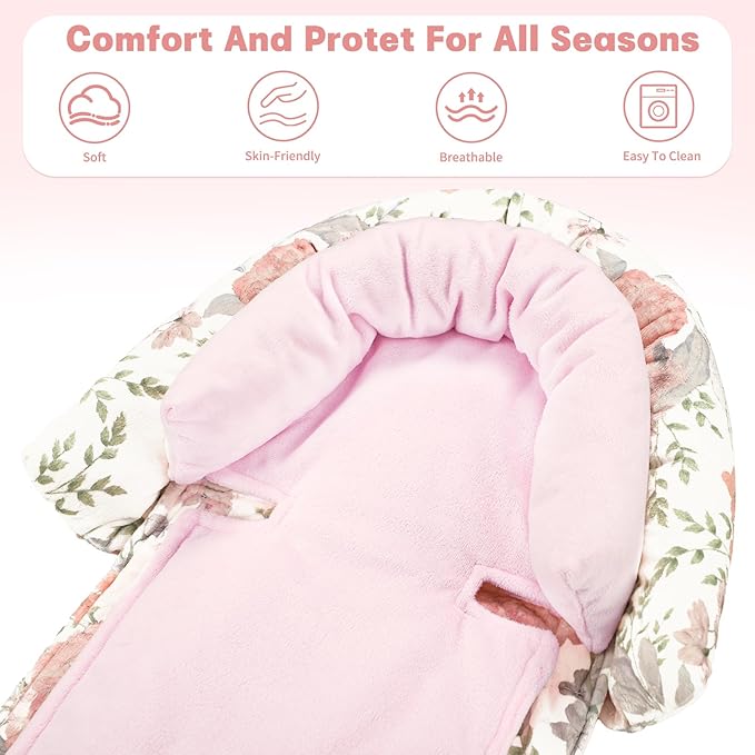 Infant Car Seat Insert, Baby Car Seat Head & Body Support with Strap Pads, Soft Newborn Preemie Carseat Insert Cushion for Girls Boys, Fits Car Seat, Stroller, Swing, Bouncer, Pink Floral