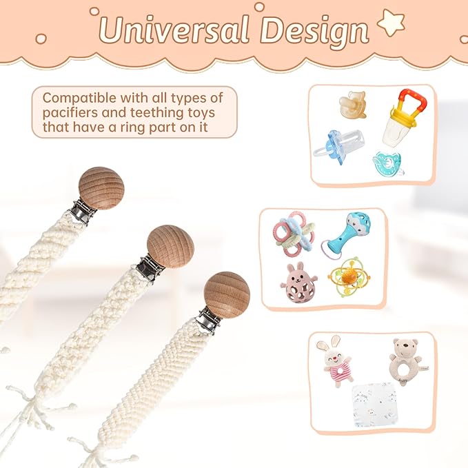 Boho Pacifier Clip for Boys Girls Pacifier Holder Leash Wooden Clips Handmade Braided Cotton Unisex Baby Shower Birthday Gift Christmas Gift (Pattern 9)