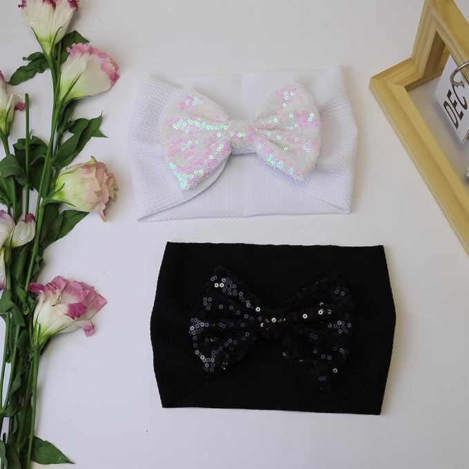 Black Sequin Bow Baby Headbands, White Big Bows for Baby Girls Hair Bow Baby Girl Elastic Wide Hairbands for Baby Girls Newborn and Infant Hair Accessories Unisex-Babies Gift