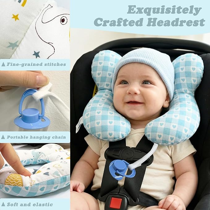 Baby Reversible Travel Pillow for Car Seat & Stroller, Lightweight U-Shaped Comfort Seat Accessory, Elephant Design