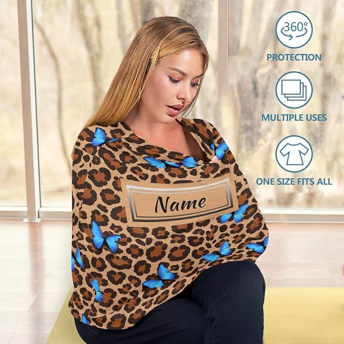 Custom Blue Butterfly Leopard Cheetah Baby Car Seat Cover Personalized Your Name Nursing Covers Breastfeeding Scarf Infant Carseat Canopy for Mom Baby Gift