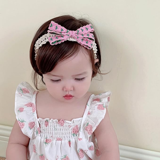 Baby Girls Hairbands Bow Lace Headband Handmade Soft Stretchy Pink Bowknot Hairbands Newborn Hairband with Bows Elastic Hair Bands for Kids Infant(Rose Red Bow