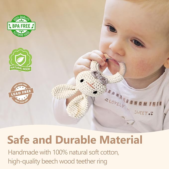 Wooden Baby Rattle, Handcrafted Crochet Bunny Rattles with Wooden Teething Ring, Beige Rabbit Newborn Toy Stuffed Animal Organic Rattle Baby Announcement Ideas Props
