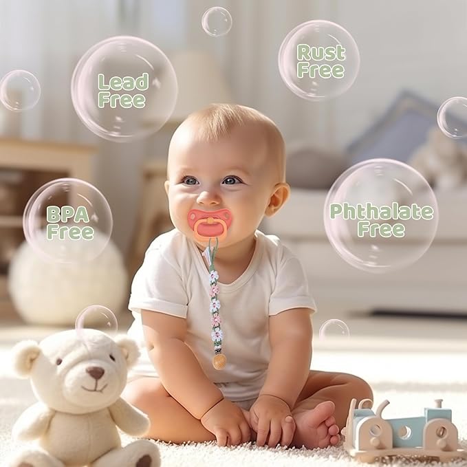 Pacifier Clip for Boys Girls Floral Daisy Macrame Baby Paci Clip Pacifier Holder Leash Boho Wooden Clips Handmade Braided Cotton Binky Clips (2pack:Misty Rose & Green Daisy)
