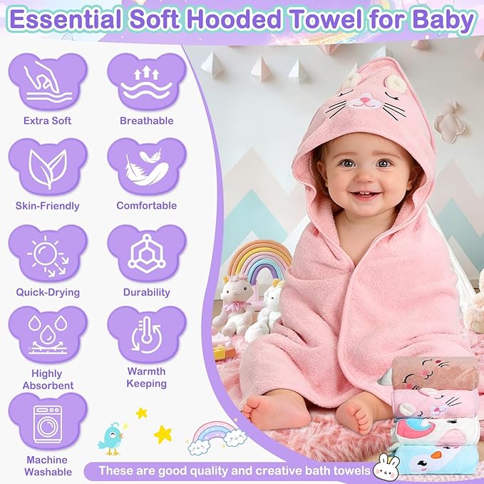 Flasoo 16 Pcs Baby Towels Set, Baby Towels and Washcloths Set,4 Pcs Animal Hooded Baby Towels, 4 Pcs Baby Bibs & 8 Pcs Washcloths Set for Infants, Toddlers and Kids-Unicorns, Rabbits, Kittens & Chicks