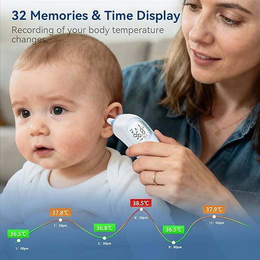 Berrcom Digital Ear Thermometer with Heated Tip, 1-Second Accurate Reading for All Ages, Fever Alarm with Mute & Night Light, Includes 21 Probe Covers & Storage Box