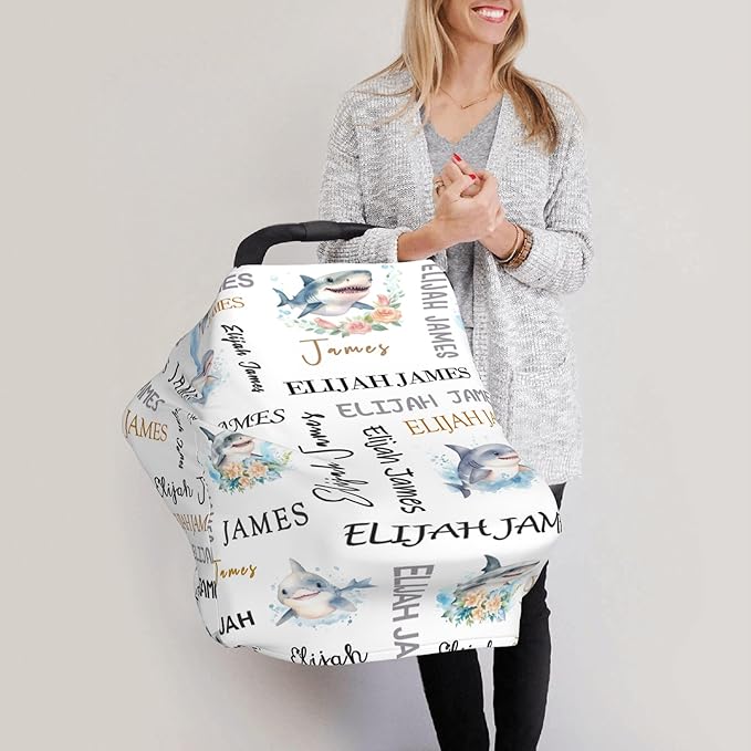 Personalized Baby Car Seat Cover with Name Stroller Canopy Custom Shark Carseat Cover Newborn Baby Boy Girl Nursing Cover for Moms First Birthday Gift