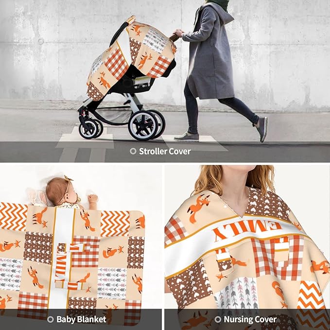 Personalized Baby Car Seat Canopy for Babies, Custom Name Car Seat Covers for Boys and Girls, Opening Minky Nursing Breastfeeding Cover for Infant, Carseat Canopies for Newborn (Cute Fox)