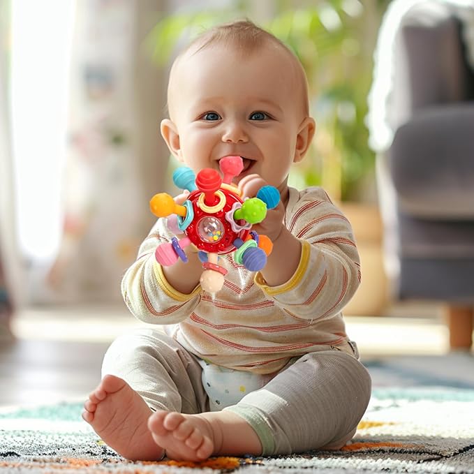 Easter Baby Teething Toys for 0-6 6-12 Months, BPA Free Food Grade Silicone Teether, Infant Sensory Chew Rattles Toys, Perfect Baby Easter Basket Stuffers & Easter Gifts, Red