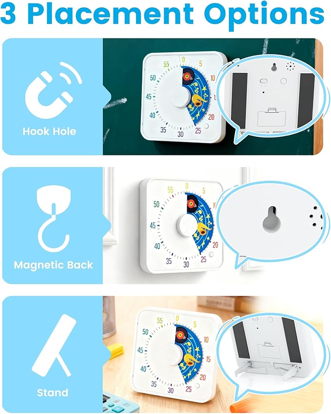BellMan 8 Inch Large Visual Timer for Kids and Adults, Non-Ticking Visual Countdown Timers with 5 Music Alarm for Classroom Desk Countdown Clock with Magnetic Backing (White)