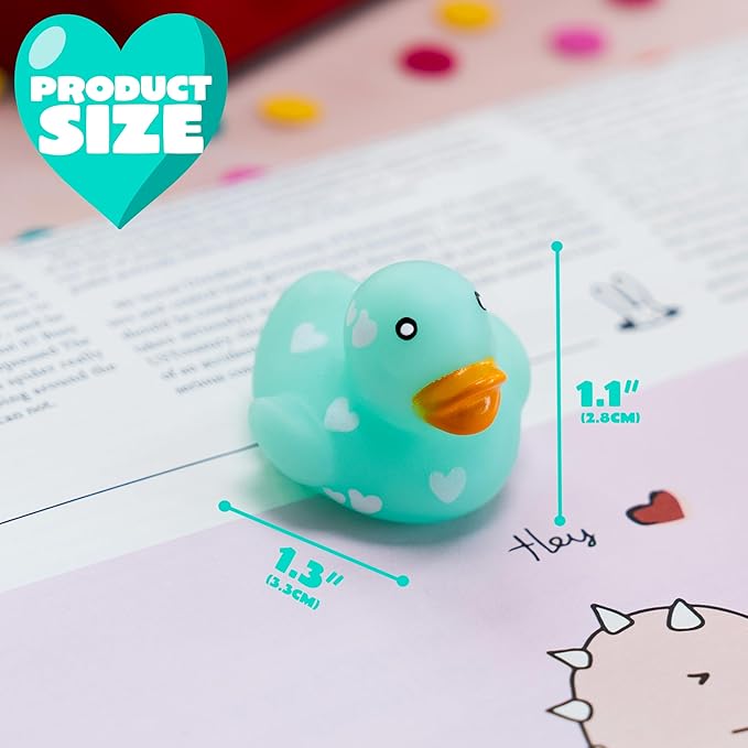 JOYIN 36 Pcs Valentine’s Day Mini Rubber Ducks with Cards for Kids, 4 Colors Duckies Bath Toys with 4 Card Designs for Classroom Exchange Prizes, Valentine Party Favors Toys