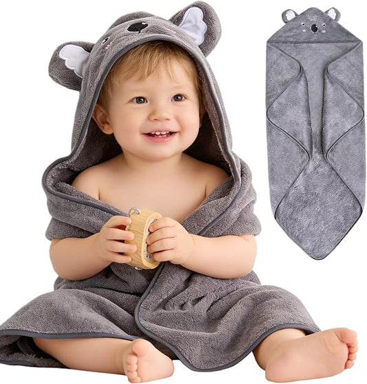 Hooded Baby Towel, Premium Soft Coral Fleece Baby Towel for Baby, Newborns, Toddlers, Infant- Ultra Absorbent, Natural Baby Stuff Towel with Hood for Boys and Girls (Gray Koala)