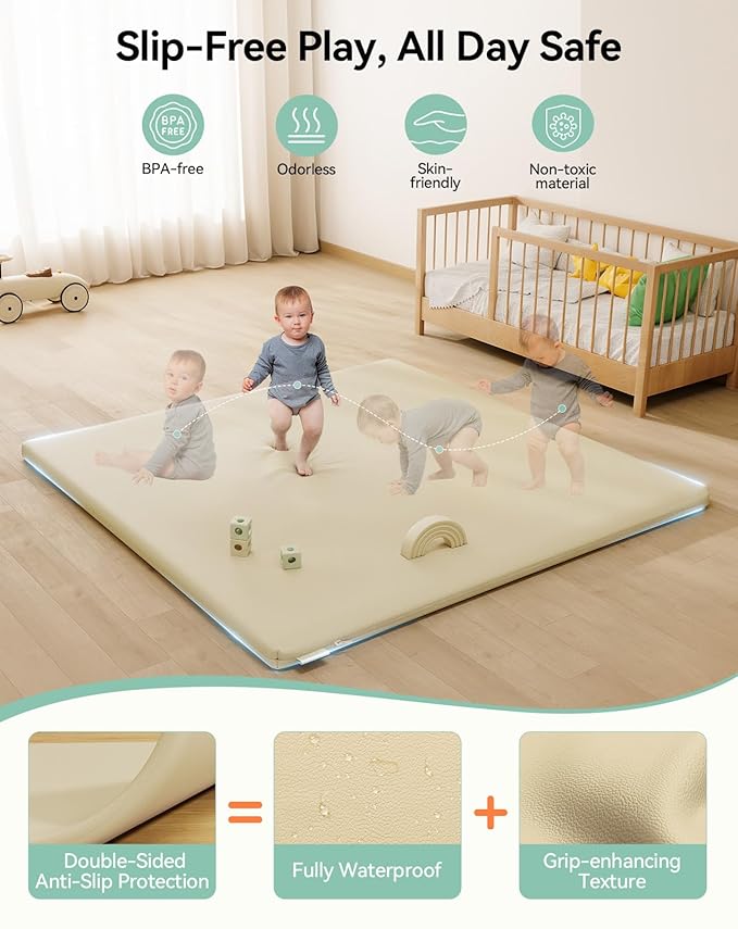 COMOMY Vegan Leather Baby Play Mats for Floor, 50 x 50 Play Mat for Playpen, Thickened High-Density Foam Playmats for Babies and Toddlers - Extra Soft and Resilient, Easy to Wipe Clean, Ivory