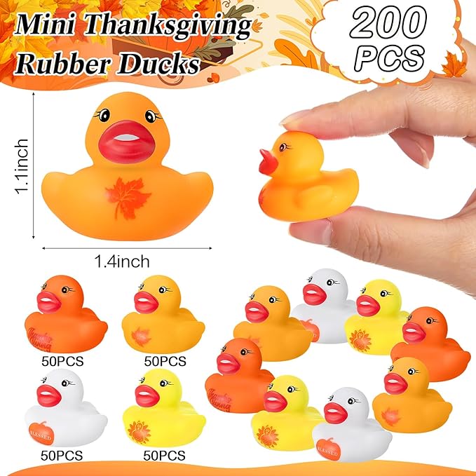 MiniInflat 200 Pcs Thanksgiving Day Rubber Ducks Assorted Rubber Duckies Bulk Mini Pool Toy Ducks Small Tiny Ducky for Thanksgiving Day Party Favors Classroom Exchange Gifts