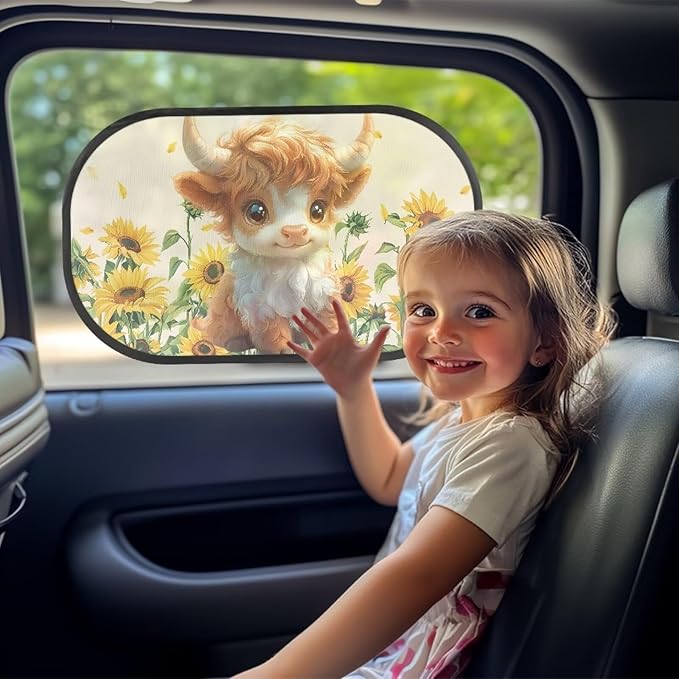Bulopur Lovely Highland Cow Car Window Covers 2 Pack Car Window Shades UV Protection Breathable Side Window Screens Sun Protection and Sun Shade Blocker Universal Car Sun Shades