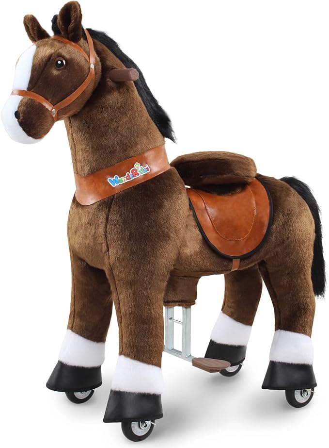 WondeRides Ride on Horse Pony Chocolate Riding Horse Toys Pony Ride Size 4 for Kids Toddlers Age 4-9, 36 inch Height Plush Walking Animal Mechanical Rocking Horse with Wheels No Battery