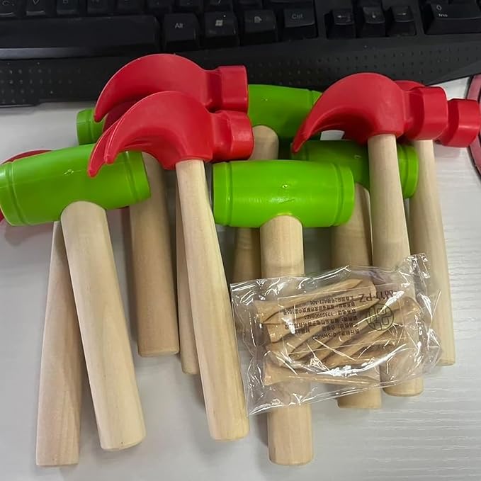 10Pcs Toy Hammer Set With 100Pcs Small Wooden Simulation Fake Maintenance Tools, Plastic Toddler Claw Hammer, Portable Pretend Play Mallet for Boys Girls