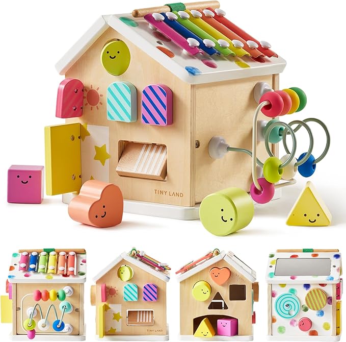 Tiny Land 9-in-1 Wooden Activity Cube, Montessori Baby Activity Center for 1+ Year Old, Educational Toy for Toddlers, Ideal Gift for Girls and Boys (Rainbow)