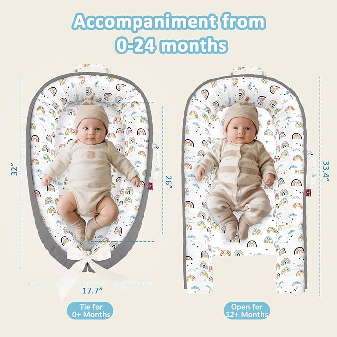 Baby Lounger - 100% Cotton Baby Lounger for Newborn with Lounger Cover, Portable Baby Nest for Home and Travel, Waterproof Lining, Newborn Babies Essentials Gifts