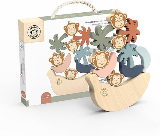 Speedy Monkey See Saw Game, Wooden Stacking Blocks, Balance Beam with Bananas, Palm Trees & Monkeys, Enhances Color Knowledge, Logic & Fine Motor Skills, Non-Toxic Paint For Kids