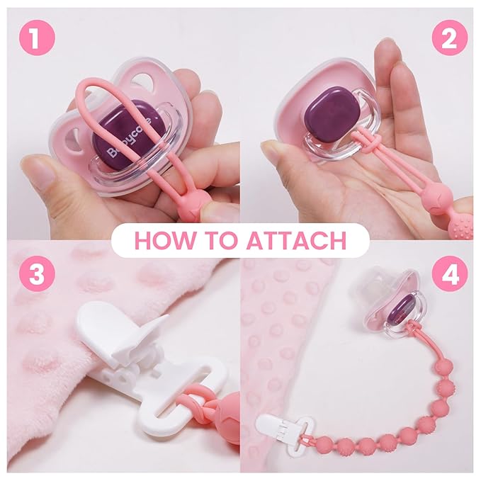 4 Pcs Pink Baby Silicone Teething Pacifier Clip,One-piece Design,Round Shape,Textured Surface,BPA Free.