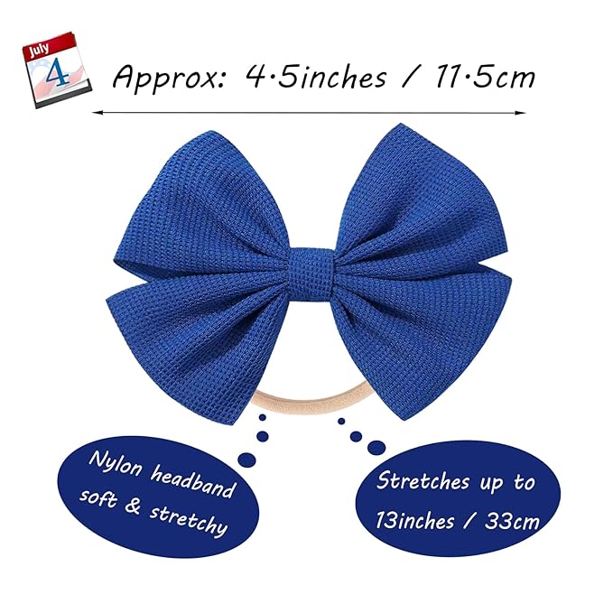 4th of July Baby Girls Bows Elastic Nylon Headbands Red Bows for Baby Girls Toddler Hair Bows Accessories Blue Newborn Bows for Infant Toddlers Kids (4.5 Red White Blue)