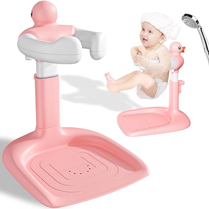 JUNEU Baby Shower Stand, Adjustable Height Baby Bath Stand with Enlarged Anti-Slip Base, Toddler Shower Standing Support, Soporte para Bañera de Bebe, Ideal Gift for Infant 6–36 Months (Pink Duck)