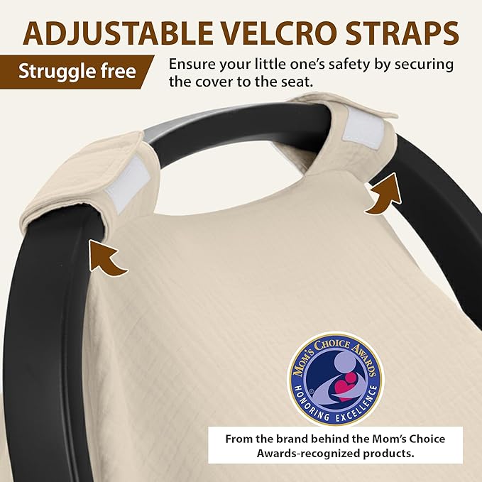 100% Organic Muslin Cotton Car Seat Cover 35 x 50 Inches Soft Touch Breathable Canopy, Protective Car Seat Cover Baby All Seasons Lightweight Car Seat Cover Travel Comfort (Ivory)