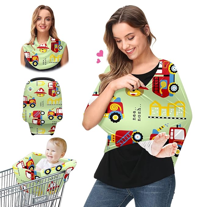 Baby Car Seat Stroller Covers Cartoon Fire Fighting Truck Nursing Cover Breastfeeding Scarf Soft Breathable Stretchy Coverage Carseat Canopy Cover for Boys and Girls Soft Breathable Multi Use