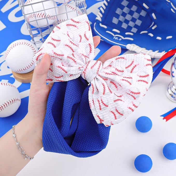 YanJie 7" Large Baseball Tied Bow Headbands for Baby Girls Sports Bow Big Bows Infant Wide Hairbands Blue Game Day Hair Accessories for Baseball Outfit