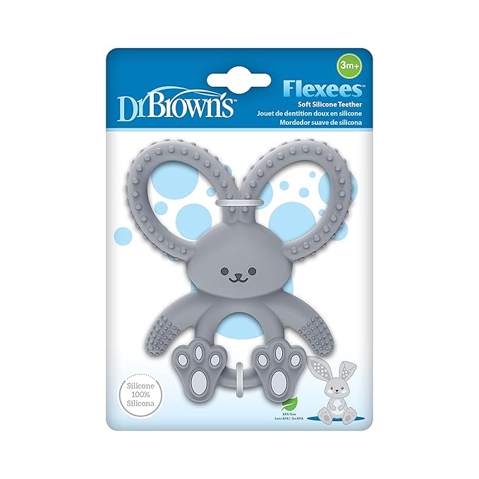 Dr. Brown's Flexees Teether, Gray Bunny, Soft 100% Silicone Baby Teether, BPA Free, 3m+, 1 Pack